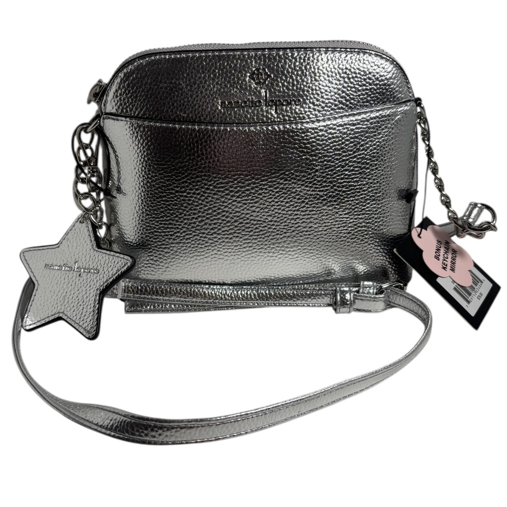 Nanette Lepore Mini Crossbody Purse Faux Leather Metallic Silver Zip Top Closure